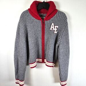 American Eagle Shawl Collar Cardigan Womens M Red Gray Cropped Letterman Varsity